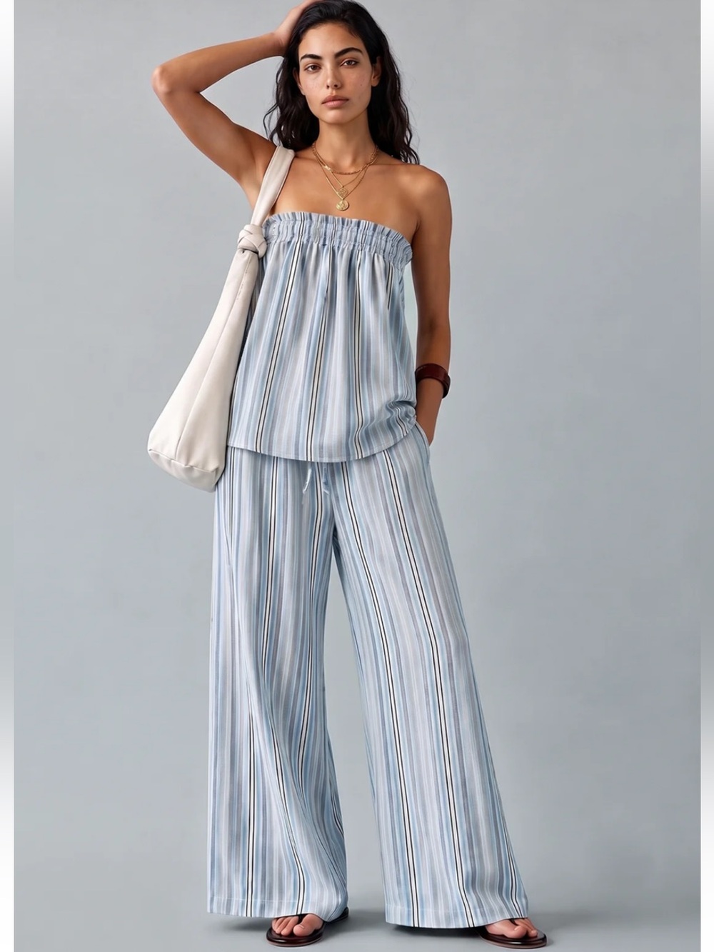 Commense Striped Blue Strapless Top & Wide-Leg Set NWT